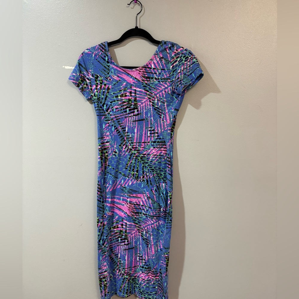 Wayf Blue and Pink Abstract Midi Dress